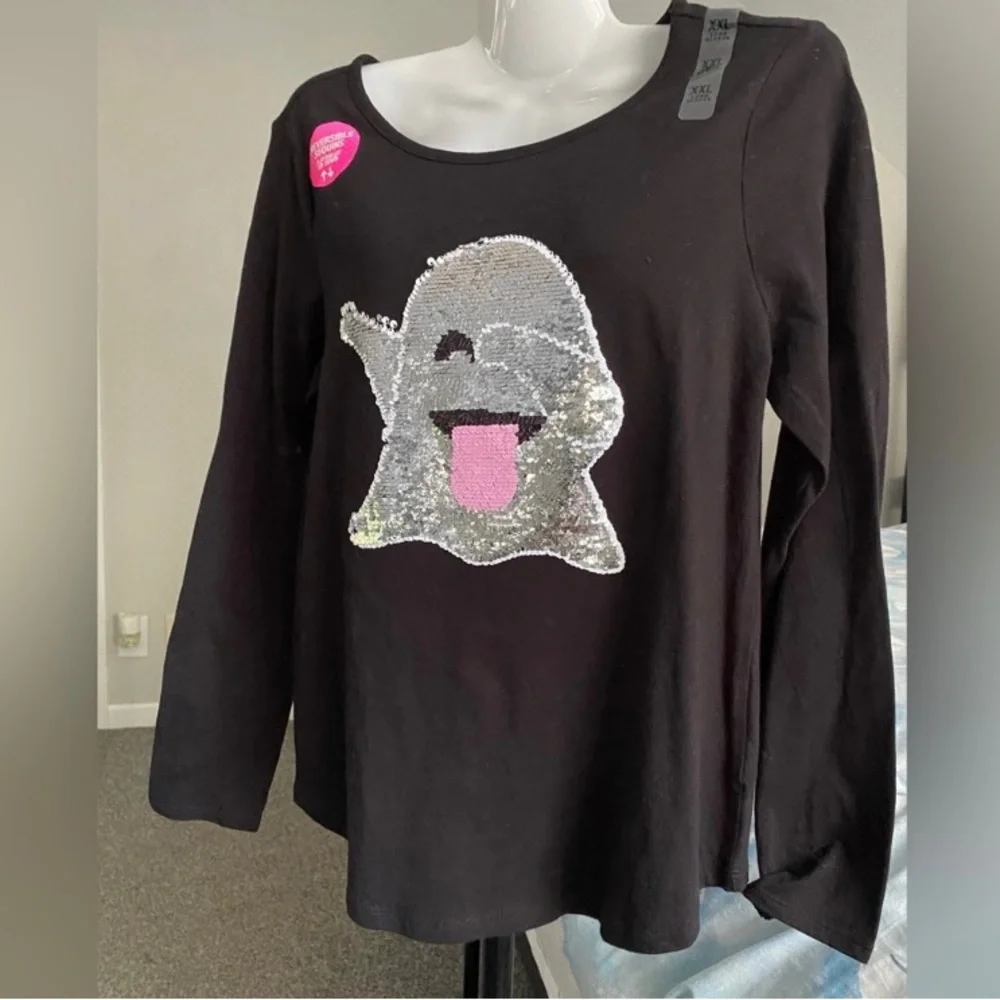 Girls Sequin Halloween Ghost Long Sleeve Shirt Place - Picture 15 of 16